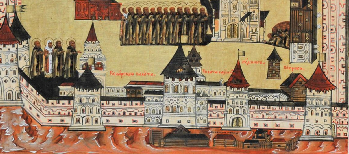 Фрагмент иконы семнадцатого века - западная стена Троице-Сергиева монастыря