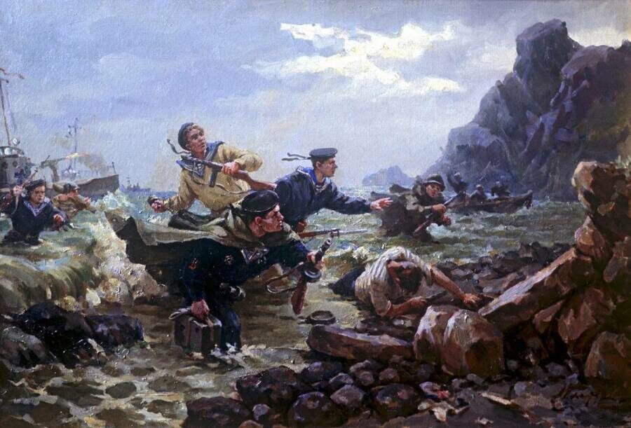 «Десант на Курильские острова». Картина художника Андрея Плотнова, 1948 год. Источник: rossaprimavera.ru