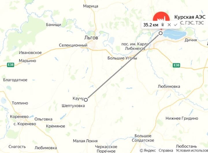 Расстояние от передовых подразделений ВСУ до Курской АЭС по прямой. Источник: яндекс-карта.