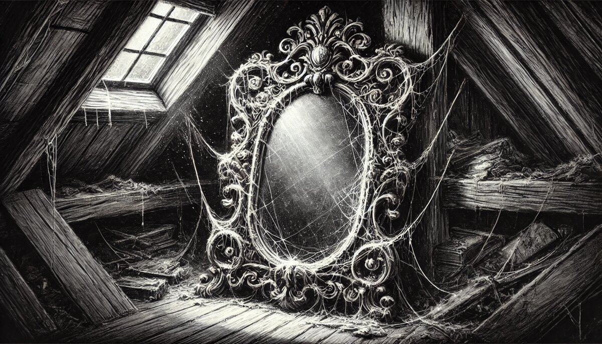 Старинное чудесное зеркало притаилось в тени чердака.