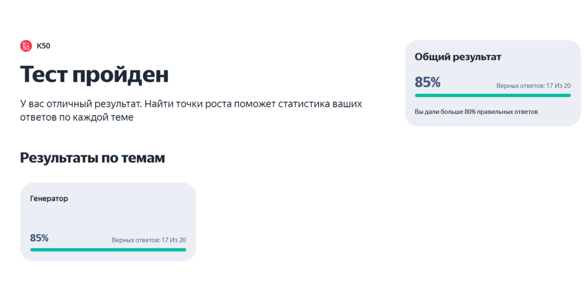 Результат сертификации по сервису К50: Генерация