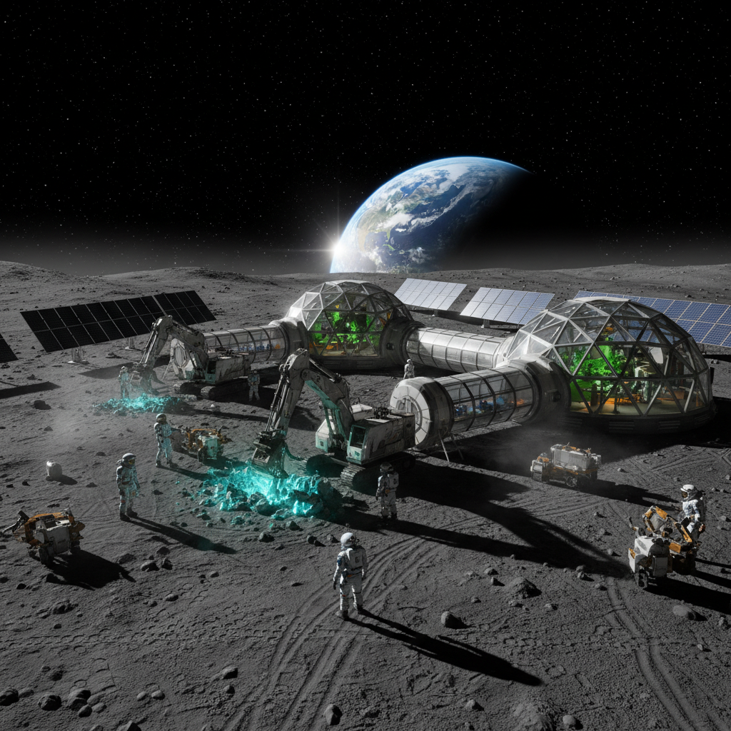 Лунная база с астронавтами, роботами и солнечными панелями - шаг к колонизации
