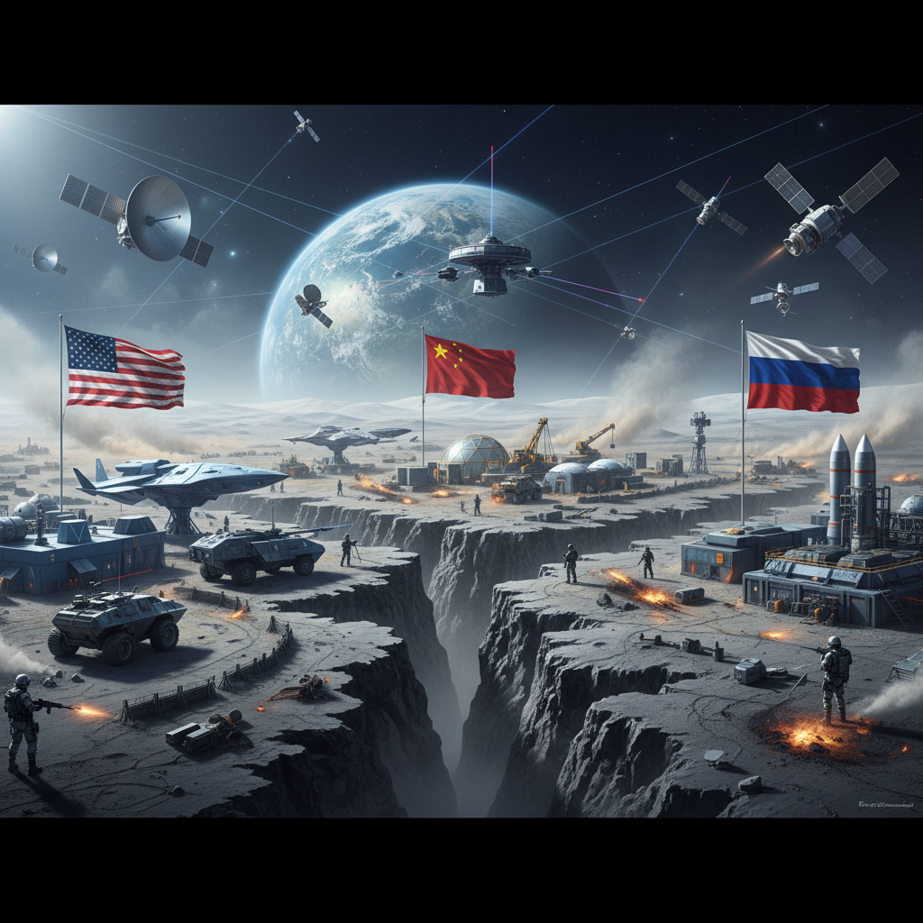 Соперничество держав — военное оборудование, спутники и национальные флаги на Луне: