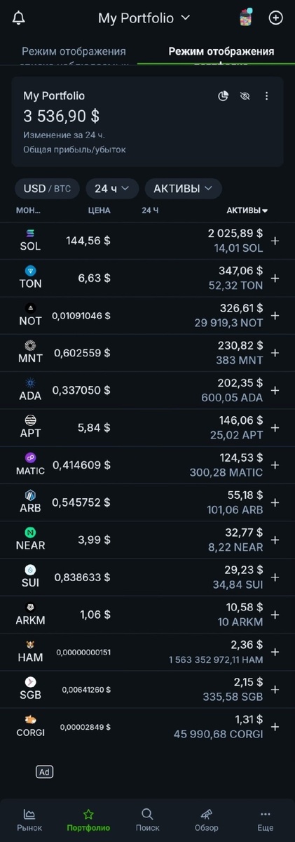 Список криптовалют в портфеле: Solana (SOL), Toncoin (TON), Notcoin (NOT), Mantle (MNT), Cardano (ADA), Aptos (APT), Polygon (MATIC), Arbitrum (ARB), Near Protocol (NEAR), Sui (SUI), Arkham (ARKM), Hamster (HAM), Songbird (SGB), Corgi Coin (CORGI).