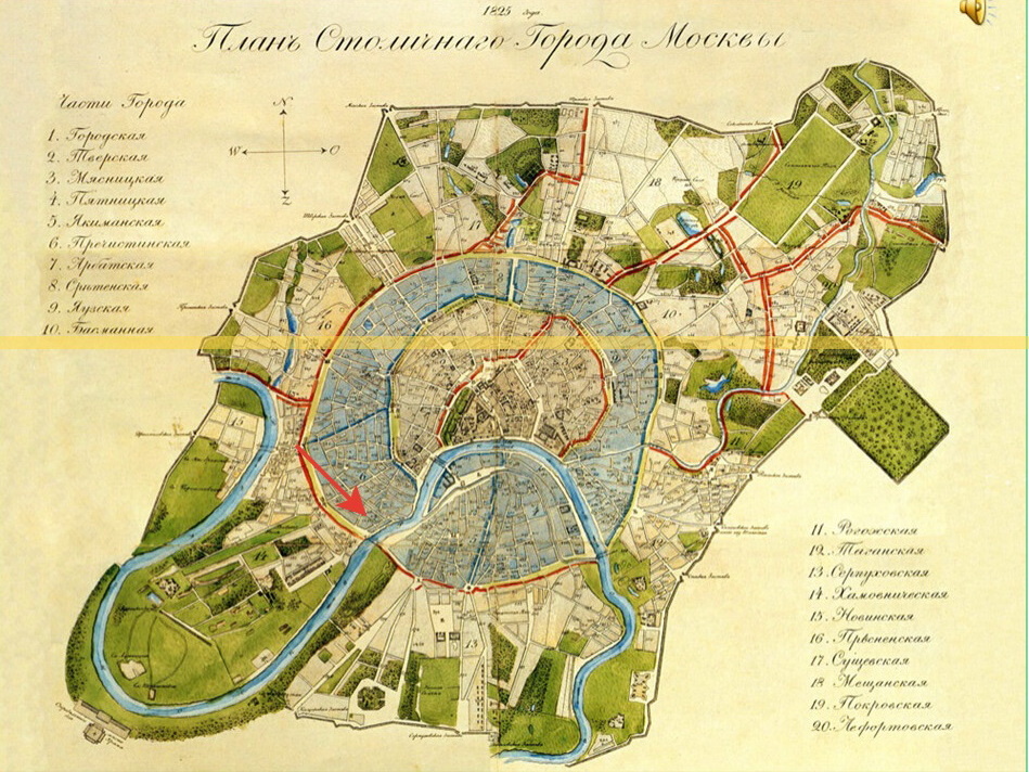 План столичного города Москвы, 1825 года. Красной стрелкой указано примерное место, где сейчас расположен дом-музей Тургенева.