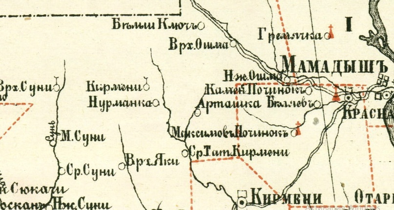 с. Малые Кирмени на карте Мамадышского уезда 1895 г. Богословского