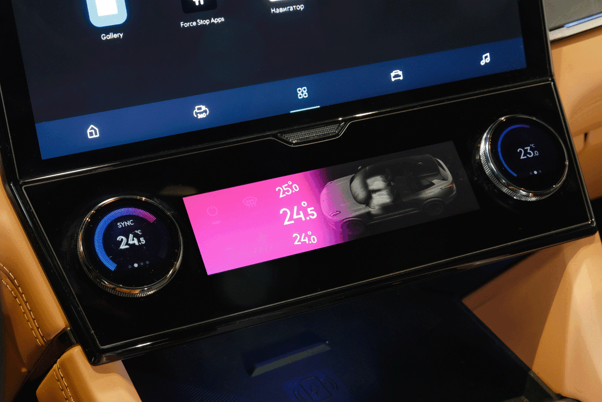    Отдельная боль — блок управления климатом. Сенсорно-механическая панель способна свести с ума своей нелогичностью и неочевидностью. Выполнено столь же запутанно, сколь и красиво, надо признать. Для настройки климата необходимо выполнять свайпы и тапы по трём экранам и ещё вращать шайбы — rocket science, не иначе!   
Дмитрий Питерский