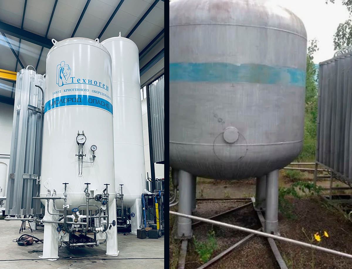 На фото слева современный криогенный газификатор производства ООО ТЕХНОГЕН, справа газификатор производства СССР (год неизвестен). Фото с сайта купипродай.ру
