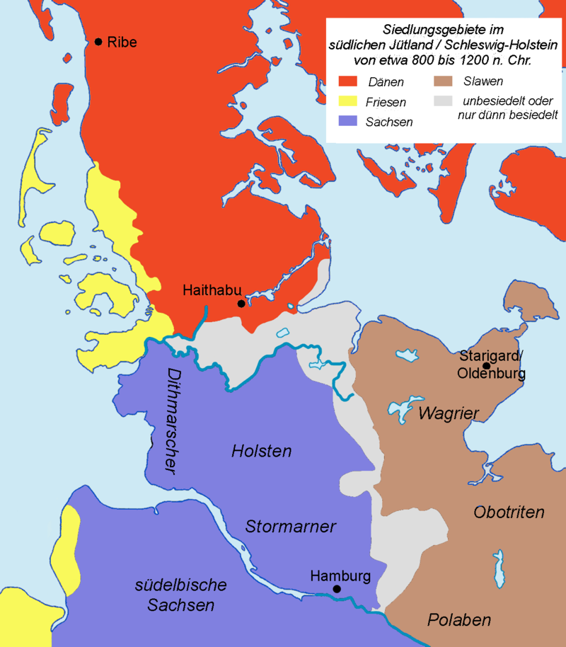 Приблизительная область расселения вагров/варягов и ободритов/ререгов выделена коричневым цветом, саксов — фиолетовым, данов — красным, фризов — жёлтым. Википедия.