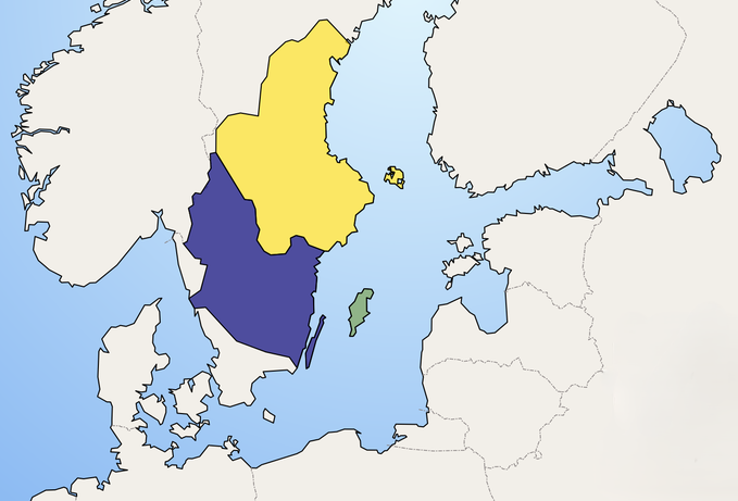 Основанные древними шведами королества свеев/свеонов (фиолетовый), гётов (жёлтый) и гутов/готландцев (зелёный) в XII в. Википедия.