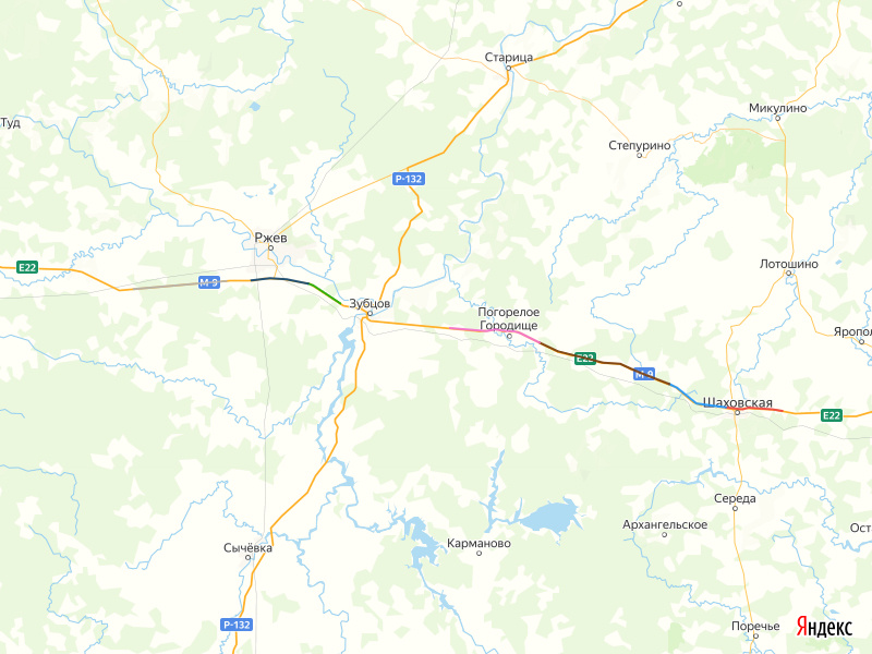 © yandex.ru/map-constructor (Красным — 139-148 км, Голубым — 148-158 км, Коричневым — 158-180 км, Розовым — 180-195 км, Зеленым — 214-220 км, Синим — 220-229 км, Серым — 233-248 км)