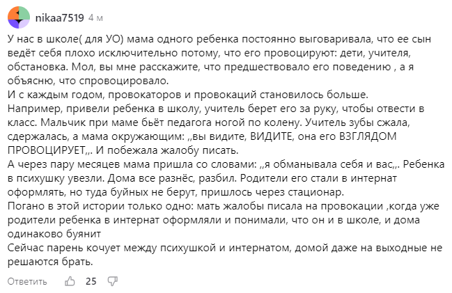 Скрин из комментариев с канала "Со странностями (будни педагога)".