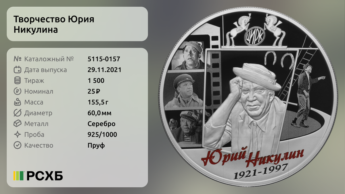 Памятная серебряная монета  Творчество Юрия Никулина 