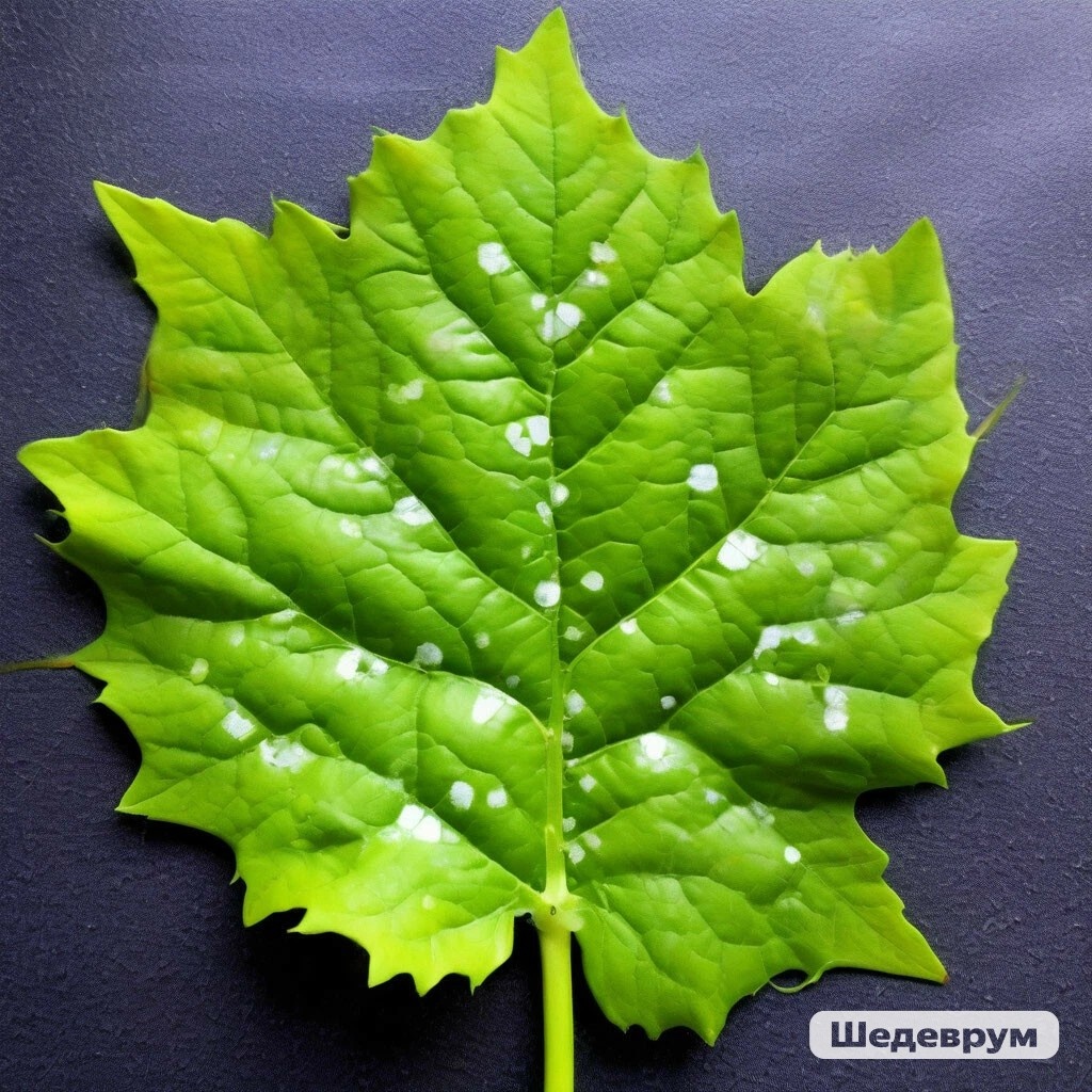 Лист винограда пораженный мучнистой росой.