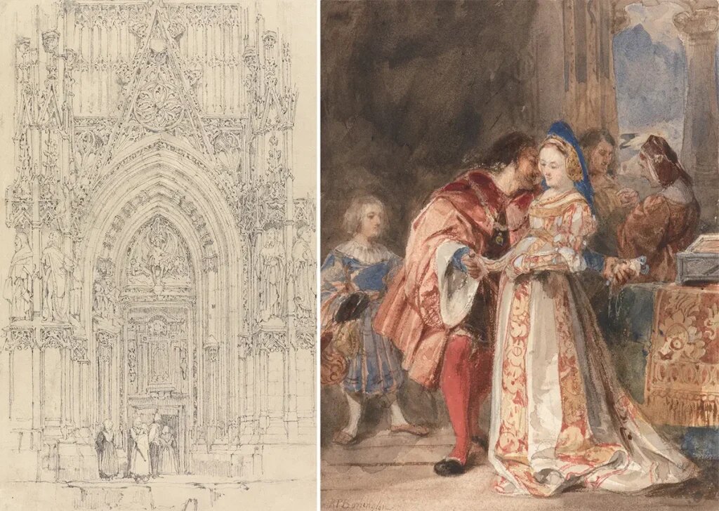 (слева) «Церковь Святого Вульфрана, Аббевиль: Северная дверь западного фасада», около 1823 года, автор Ричард Паркс Бонингтон. Графит; 40 см на 25 см. (справа) «Порция и Бассанио», около 1826 года, Ричард Паркс Бонингтон. Акварель и гуашь поверх графита; 16,5 см на 13 см. Йельский центр британского искусства, Коннектикут. (Public Domain)