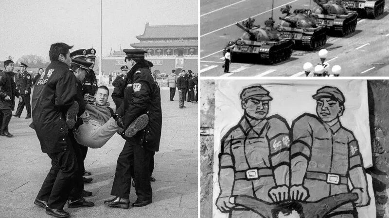 (Слева) Китайская полиция задерживает последователей Фалуньгун на площади Тяньаньмэнь в Пекине 14 февраля 2002 года. (Вверху справа) Мужчина блокирует колонну танков, направляющихся на восток по проспекту Вечного мира в Пекине во время бойни на площади Тяньаньмэнь 5 июня 1989 года. (Внизу справа) На плакате изображено, как расправлялись с «врагами народа» во время Культурной революции в Пекине в конце 1966 года. (Frederic Brown/AFP via Getty Images, Jeff Widener/AP Photo, Jean Vincent/AFP via Getty Images)