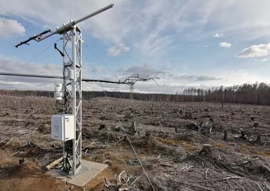 Металлическая мачта измеряет co₂ в лесу, который был сожжен, а затем вырублен. Джулия Келли