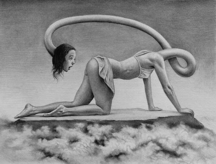 Рисунок художника РАУФ ХАГИГИ / Raoof Haghighi под названием  " Не оглядывайся назад Двигайся вперед. Графит на бумаге 30х23