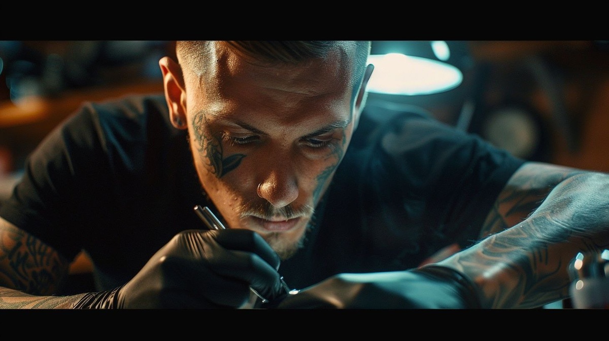 Тату-мастер в работе над детализированной татуировкой в студии СПб