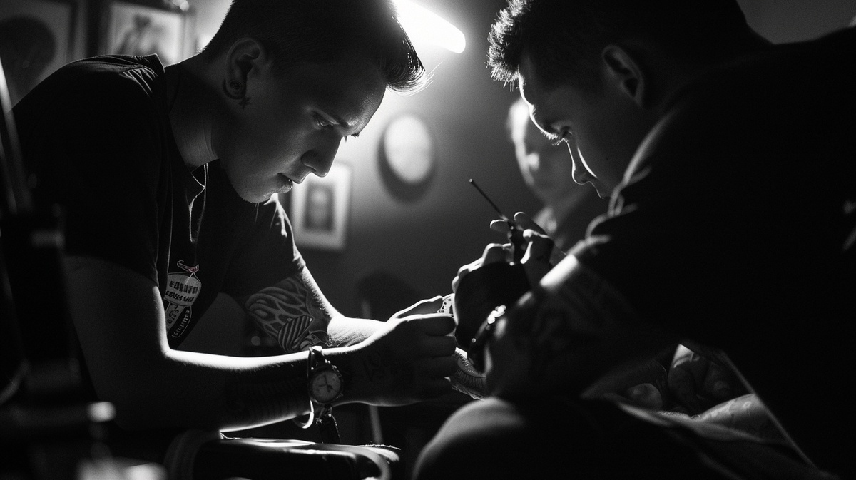 Процесс нанесения татуировки на руке, обсуждение боли с клиентом.