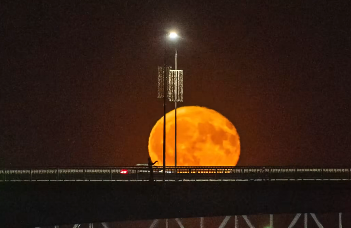 Полнолуние на фоне моста имени 50-летия Октября в Пскове. Скриншот из видео псковича Михаила Прохоренко