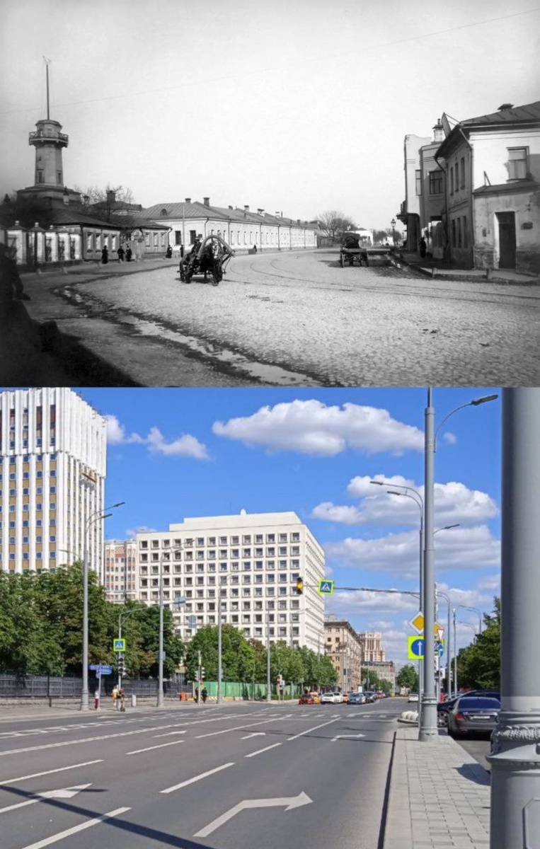 Житная улица. Чёрно-белую фотографию сделал в 1913 году Эмиль Готье-Дюфайе. Нижний снимок спустя повторён с той же точки 110 лет спустя