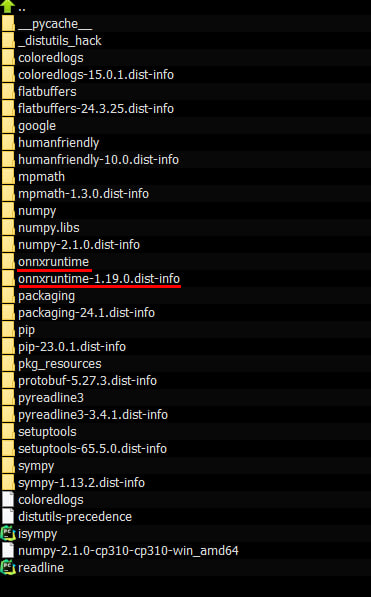 Состав пакетов после установки "onnxruntime" (cpu-версия)