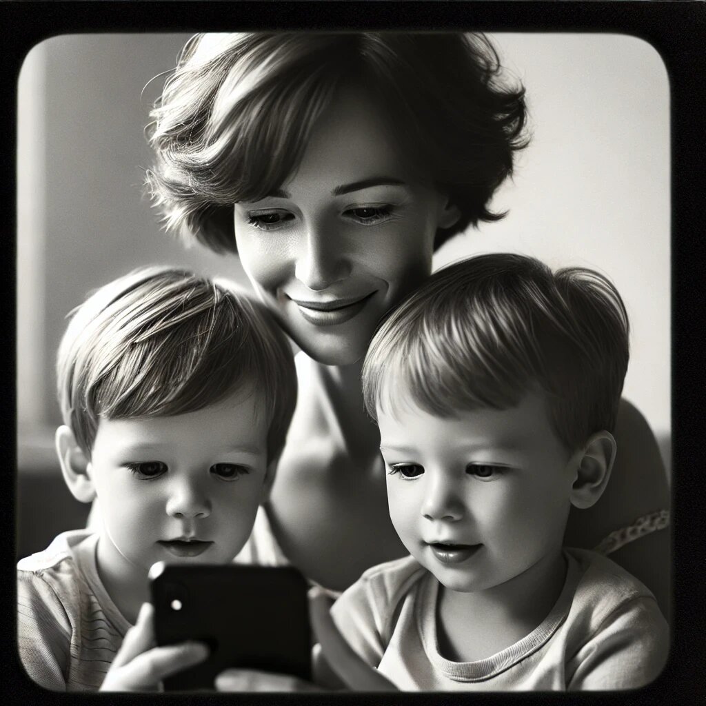 Они склонились над экраном, вглядываясь в фотографию троих детей.