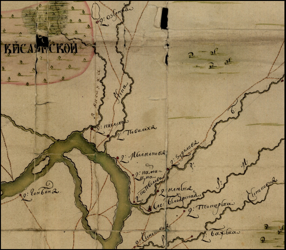 Рис. 1. Фрагмент чертежа 1771 г. с обозначением села Повалиха и его окрестностей (ГААК. Ф. 50. Оп. 21. Д. 444. Л. 1)