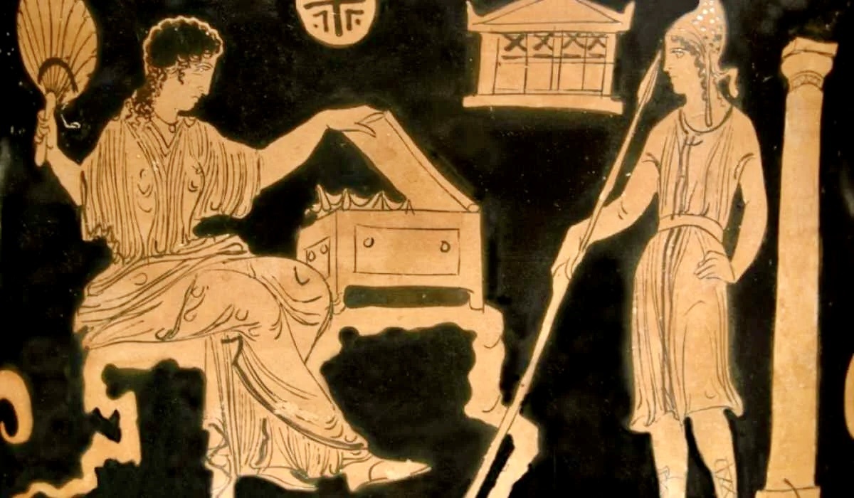 Примерно так представляли себе древние греки встречу Елены и Париса (фрагмент росписи вазы). Фото из открытых источников.