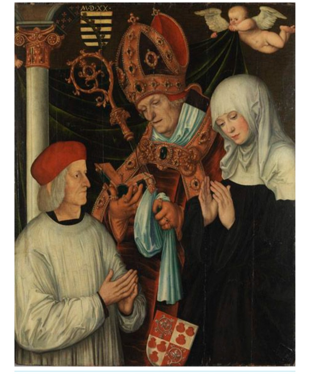 Лукас Кранах "Габриель фон Эйб, епископ Айхштетта и святые Виллибальд и Вальпургия /Вальбурга". 1520.