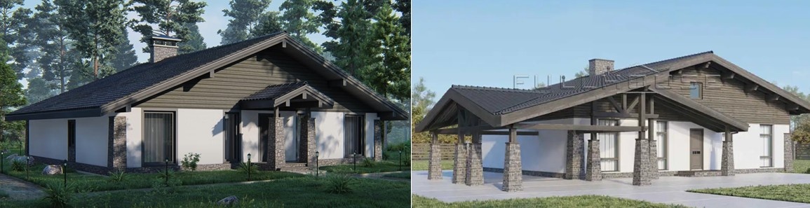 Фасад одноэтажного шале с пристройками и без