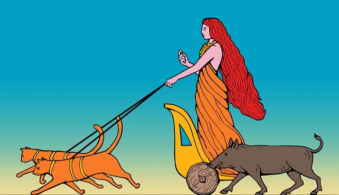 Скандинавская богиня Фрейя, согласно мифам, запрягала в колесницу двух огромных рыжих кошек.