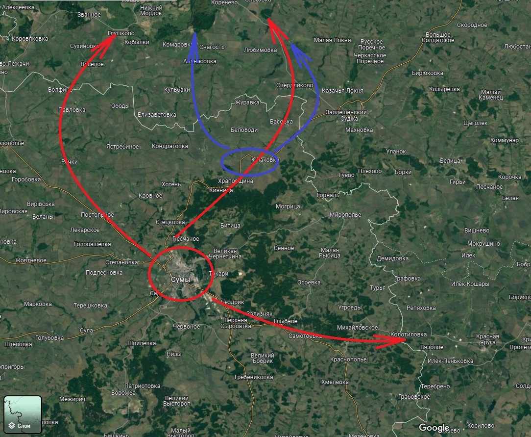 Варианты направлений главных ударов из района Сум