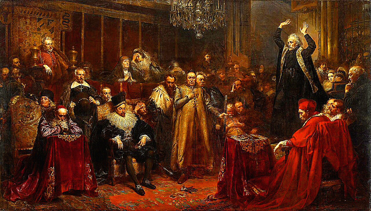«Проповедь Скарги» худ. Ян Матейко (1864) Церковь Вавельског замка, 1596 (?) год. Петр Скарга справа произносит речь. Слева дремлет в кресле король Сигизмунд III. За спинкой кресла лицо мальчика королевича Владислава Рядом стоят магнаты Януш Радзивилл, Миколай Зебжидовский и Станислав Стадницкий. В центре картины на ковре лежит брошенная перчатка - символ вызова аристократии королю. Слева в молитвенной позе архиепископ Станислав Карнковский, рядом — епископ Ипатий Поцей. За королем в черном стоит будущий  коронный маршал Николай Вольский. За ним на возвышении сидит коронный гетман Ян Замойский, кальвинист, перешел в католичество. Справа от него сидит Елизавета Островская, рядом с ней тетка Сигизмунда королева Анна Ягеллонка. Справа внизу в красном сидит кардинал Энрико Каэтани. У ног Скарги сидит канцлер Ян Сапега. 