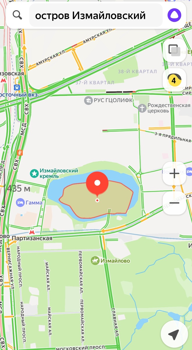Измайловский остров на карте Москвы..Приложение Яндекс.Карты. Снимок экрана телефона автора.