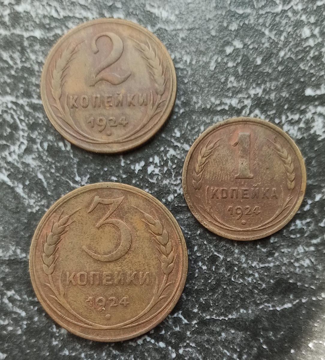 Медные монеты СССР 1924 года номиналом одна, две и три копейки (реверс) - фото автора