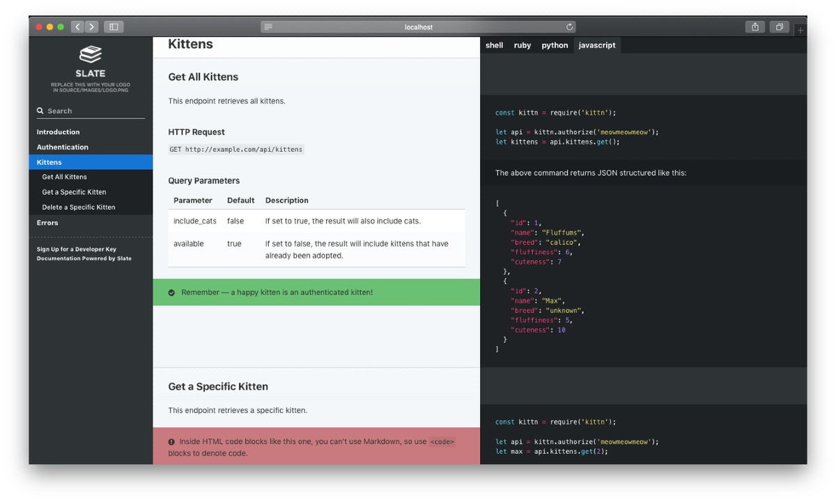   Интерактивная API-документация на Slate