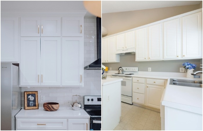 Светлая цветовая палитра, фасады с лаконичными рамками и фурнитурой идеально подходят для небольших кухонных помещений