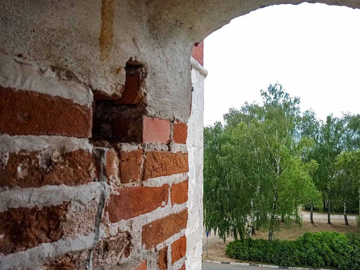 Вид из бойницы на провинциальные городские берёзки