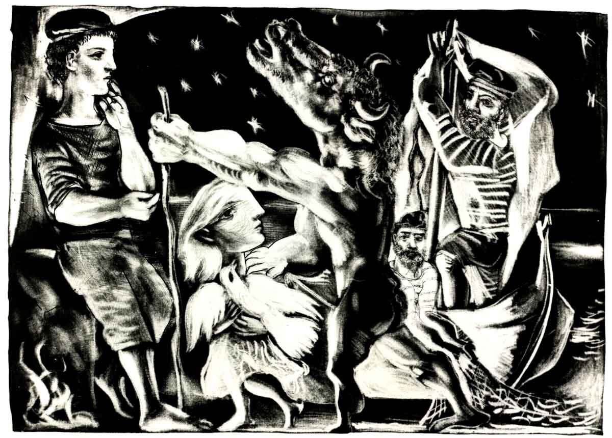 Слепой Минотавр, ведомый девушкой в ​​ночи, Пабло Пикассо, 1934 г., через Digitalcommonwealth.org