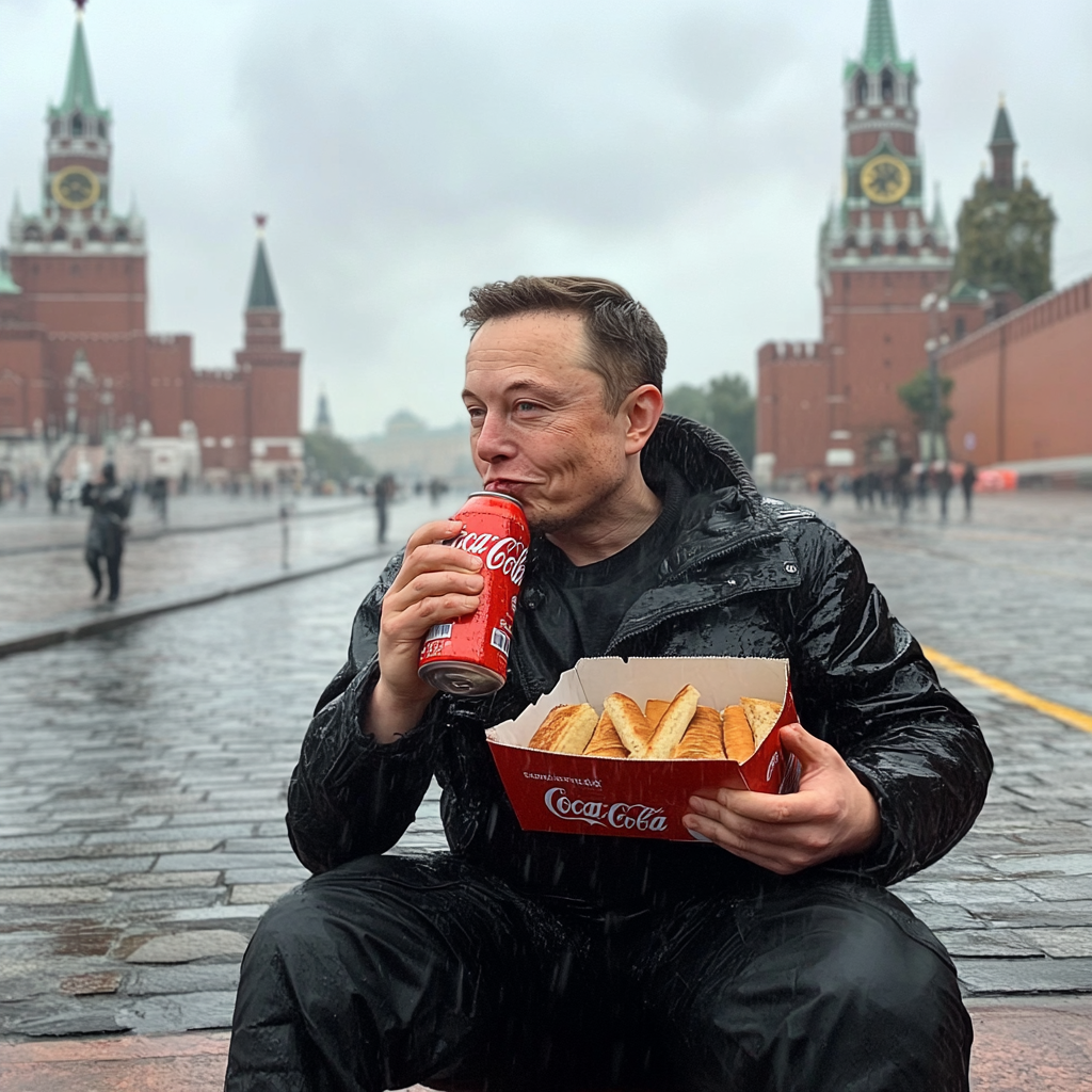 Элон Муск ест сэндвичи и пьёт кока колу на Красной площади в России во время ливня, кино