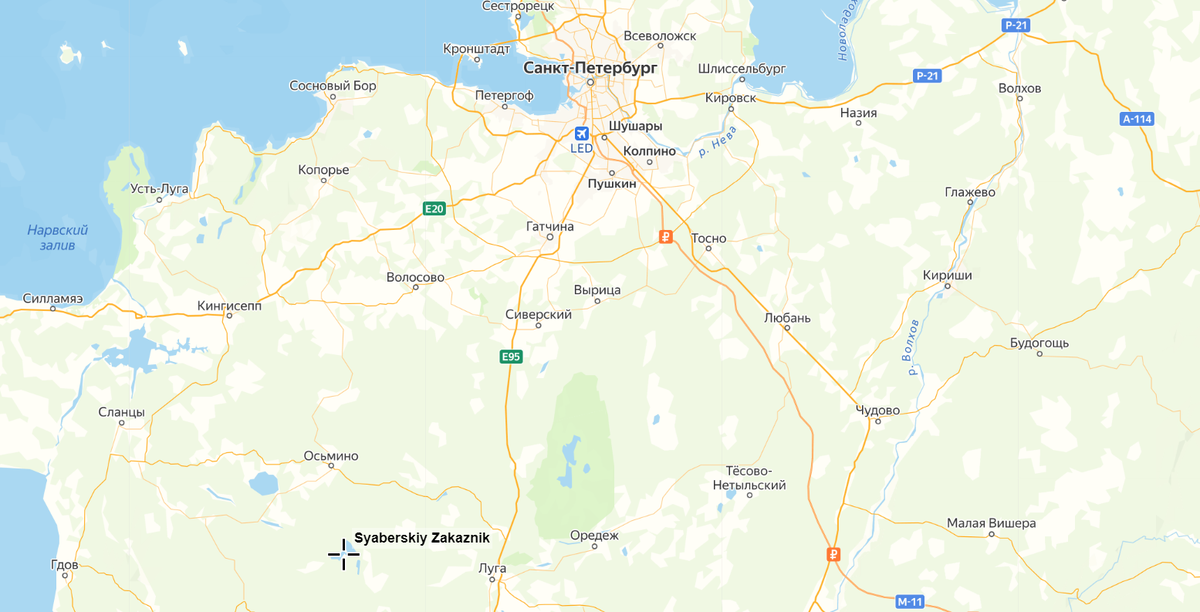 Расположение заказника на карте относительно Санкт-Петербурга