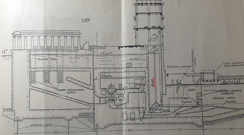 Схема рыбоподъемника Цимлянской ГЭС со специальным шлюзом в нижней части башни