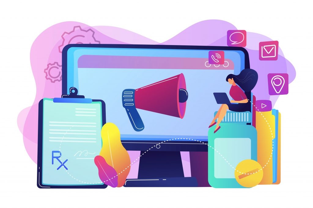    Pharmaceutical representative with laptop sitting on medicine jar. Pharmaceutical marketing, drugs advertising, continuing medical education concept. Bright vibrant violet vector isolated illustration GxP News