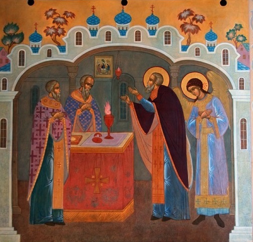 Служение Литургии преподобным Сергием Радонежским. Современная роспись. Святые врата Троице-Сергиевой лавры.