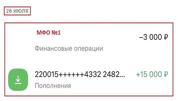 Скриншот о получении займа и снятии денег за неизвестные услуги.