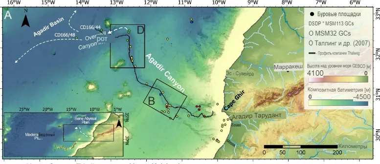Обзорная карта окраины Северо-Западной Африки, показывающая путь события и следы эрозии на морском дне. Предоставлено: Ливерпульский университет.
