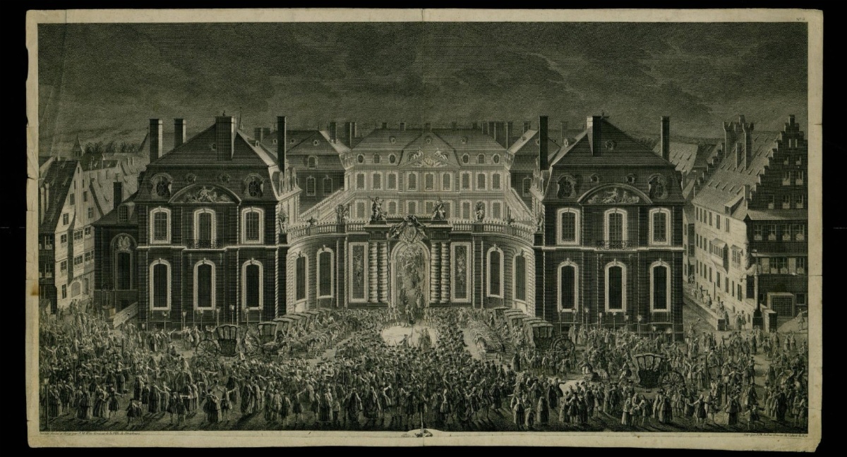 Леба Ж. Ф., Сцена празднества: гости приезжают на бал в Версальский дворец. Государственный Эрмитаж.