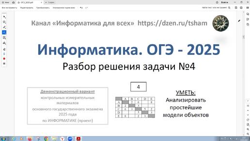 Информатика. ОГЭ - 2025. Задача 4. Между населёнными пунктами A, B, C, D, E построены дороги, протяжённость которых приведена в таблице.